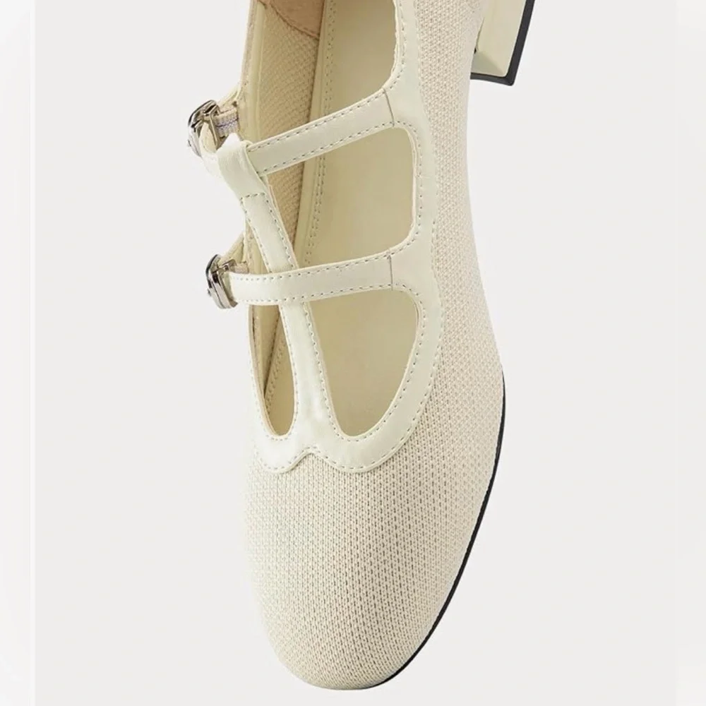NWT Flabelus Cosy Island Mary Janes, Double Strap Light Cream Recycled Knit Sz 8 - Picture 4 of 12